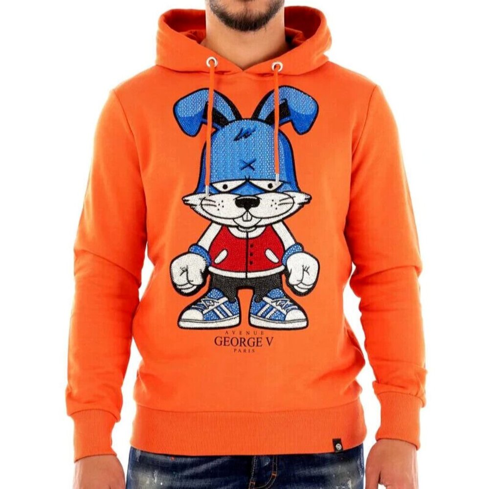 Avenue George V Hoodie Orange Sweatshirt Rhinestone Bunny GV-2329 XL NWT